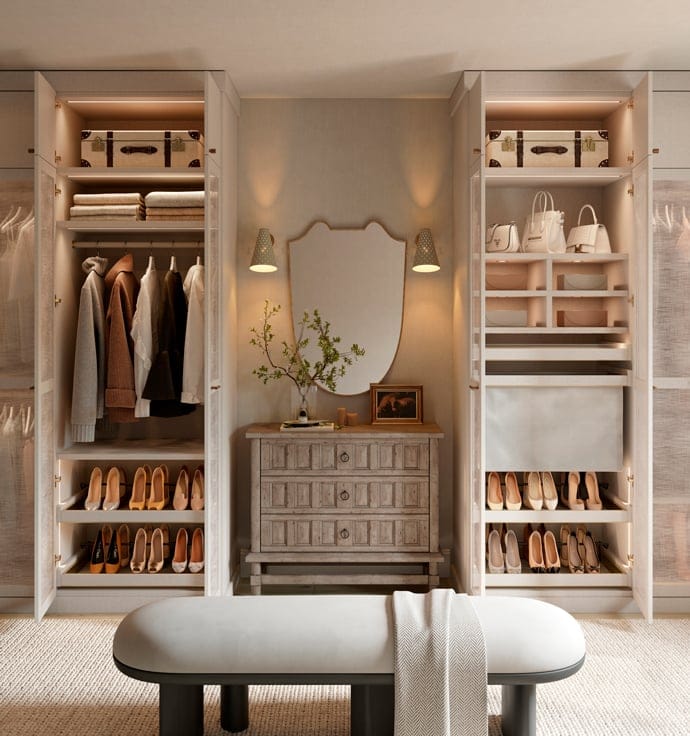 Custom walk in closet with custom shoe storage, open shelves, specialty lighting by California Closets